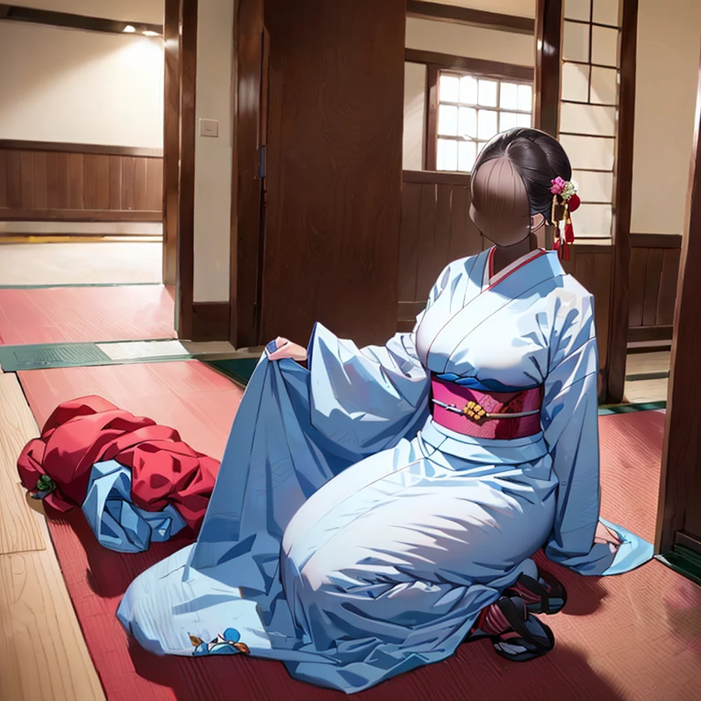 1girl, 15-years-old, cowboy shot, (invisible:1.5, no humans:1.5, headless:1.5, faceless:1.5), (cute big breasts), chubby, fat, kimono, Seiza, kneeling, leaning forward, from above, on floor, Best-quality, Masterpiece, Ultra-High-Resolution