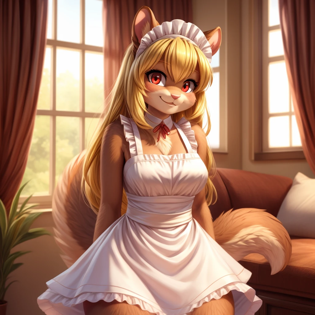 8K, best quality, best resolution, 1girl, squirrel ears, curtains, squirrel girl,big squirrel tail, squirrel female, indoors, living room, long hair, yellow hair, red eyes, growing eyes, maid dress, maid headdress, red eyes, see-through, solo, smile, transparent, furry, squirrel anthro ,kawaii, cute, pink tail, pink fur, cute breasts, human face,