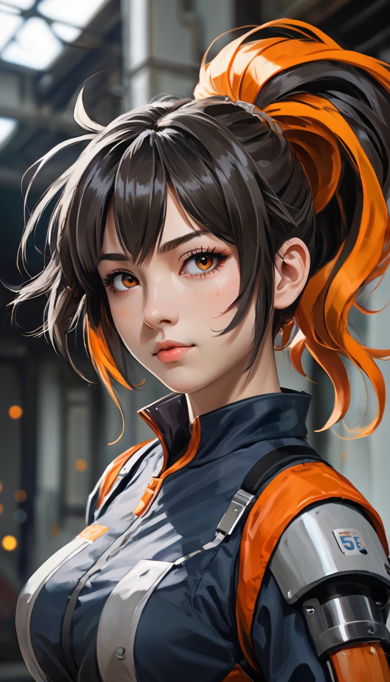 {Anime character with medium-length dark hair, accented with bright orange stripes, gathered in a ponytail:0.9}, {she has sharp, determined eyes with a vibrant, bright orange-yellow color, and an intense, concentrated expression on his face:0.8}, [she’s wearing futuristic police armor, Marked with the logo "n.and.pag.s. new andrid pagublic security” and “pagUBsandC," Fusing modern military and science fiction aesthetics. The armor is mainly blue with metallic details, with shoulder protectors and high-tech equipment on his belt:0.7], {The background is a mix of abstract and industrial elements, Emphasizing a deep blue color palette with touches of mechanical and technological details:0.8}, {The overall art style is a fusion of dynamic brushstrokes and digital painting, capturing a rough yet polished look, conveying a strong sense of authority and determination:0.9}.