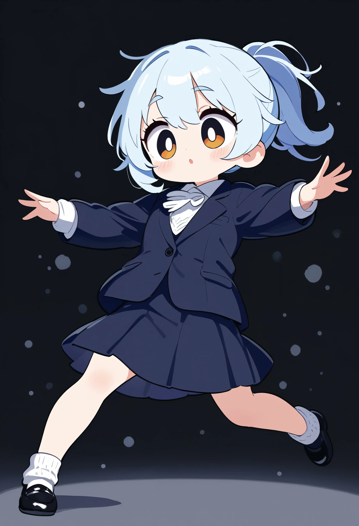 ((Top quality)), ((Masterpiece)), A girl with light blue hair and a ponytail wearing winter clothes with a navy blazer and navy blue skirt. black background. 1 person. big eyes. black shoes. Dancing.