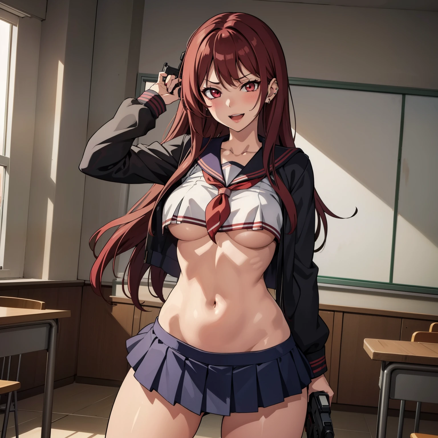 2girl, two girls, long hair, large breasts,
 blush, lipstick, long hair, earrings, red lips, ear piercing, long hair, blush, lipstick,Hot girl, baddie,
smoking, sensual, attractive ,masterpiece, best quality, highly detailed, a anime girls in sailor uniforms with a gun posing for a picture,
evil smile, smile, open mouth,black_serafuku, ecchi anime style, anime girls , (nsfw) not safe for work,
ecchi style, ecchi, shipgirls, digital anime art!!, high school girls, holding a gun, hold a gun, anime style 4
k, micro skirt, exposed belly, exposed navel, exposed midriff, holding pistol,underboob,
exposed lower belly,school, classroom,