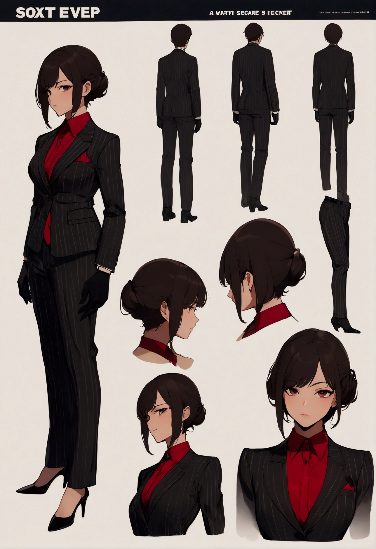 score_9, score_8_up, score_7_up, score_6_up, score_5_up, score_4_up, (source_anime), 1girl, A highly detailed illustration of a humanoid female speaker woman with a square red speaker as her head, wearing an elegant black pinstriped suit. The suit has no buttons, and no belt. Underneath the jacket, there is a red shirt visible, including the sleeves extending to the wrists. The character is standing in a confident pose with black gloves, striped pants, and low heels. The suit has subtle thin black stripes, no white or colored stripes visible. The background is neutral, with simple lighting to emphasize the character design. Full body view, no exaggerated features. A clean and professional aesthetic, ultra detailed, soft shading, dynamic composition, soft lines, The background is simple and neutral, and the character is in a dynamic pose, emphasizing his silhouette.,nyantcha,Character sheet, reference sheet, characters design sheet, different angles, reference image,
