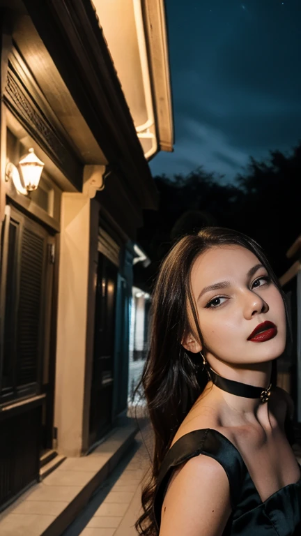 wearing elegant dress, on outdoor, night time, had black lipstick, sidewalk, with choker, beside the bungalow house, street, amateur photograph, selfie pose, above angle, blow a kiss pose