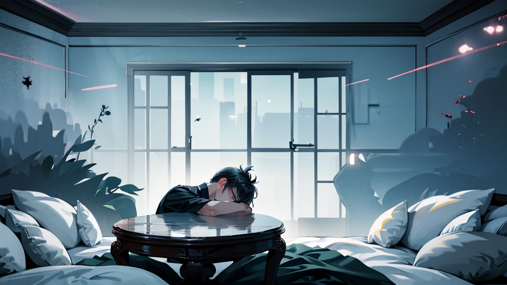 "A 20-year-old male in a 2.5D style is sitting on the edge of a bed in a room with a dark and depressive atmosphere. The room features a sober and melancholic decor with predominating dark colors. The environment is surrounded by dark clouds, creating a sense of gloom and desolation. The young man appears sad and reflective, with an expression of despondency and introspection. The lighting in the room is dim, adding to the feeling of heaviness and solitude."