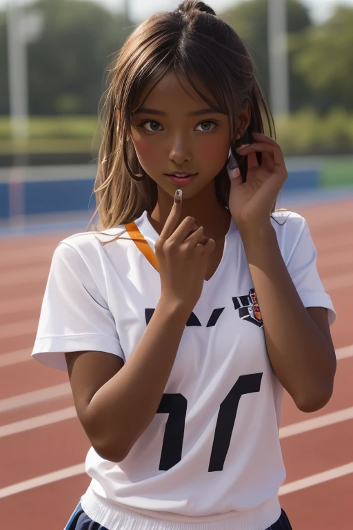 (((( one girl )))), Put your hand over your mouth、Beautiful breasts、 Brown eyes, ((Gal Hairstyles)) blonde, girl, (Eye and facial details:1.0), break, (masterpiece, Highest quality, Very detailed, Detailed face, 8k),( dark skin:1.8 ), (((( track and field uniform )))),( open mouth ),(((( 9歳 ))))