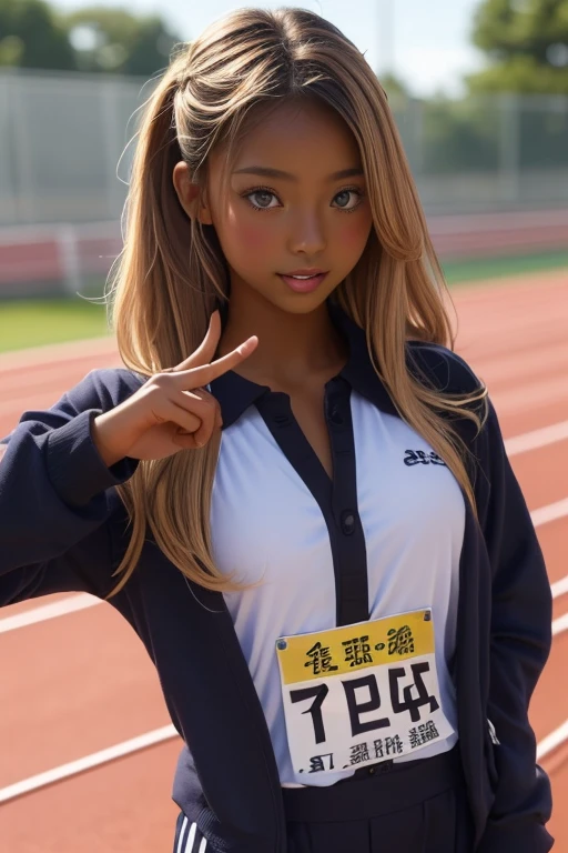 (((( one girl )))), Put your hand over your mouth、Beautiful breasts、 Brown eyes, ((Gal Hairstyles)) blonde, girl, (Eye and facial details:1.0), break, (masterpiece, Highest quality, Very detailed, Detailed face, 8k),( dark skin:1.8 ), (((( track and field uniform )))),( open mouth ),(((( 9歳 ))))