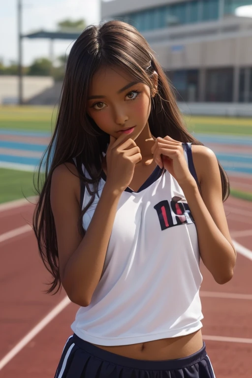 (((( one girl )))), Put your hand over your mouth、Beautiful breasts、 Brown eyes, ((Gal Hairstyles)) blonde, girl, (Eye and facial details:1.0), break, (masterpiece, Highest quality, Very detailed, Detailed face, 8k),( dark skin:1.8 ), (((( track and field uniform )))),( open mouth ),(((( 9歳 ))))