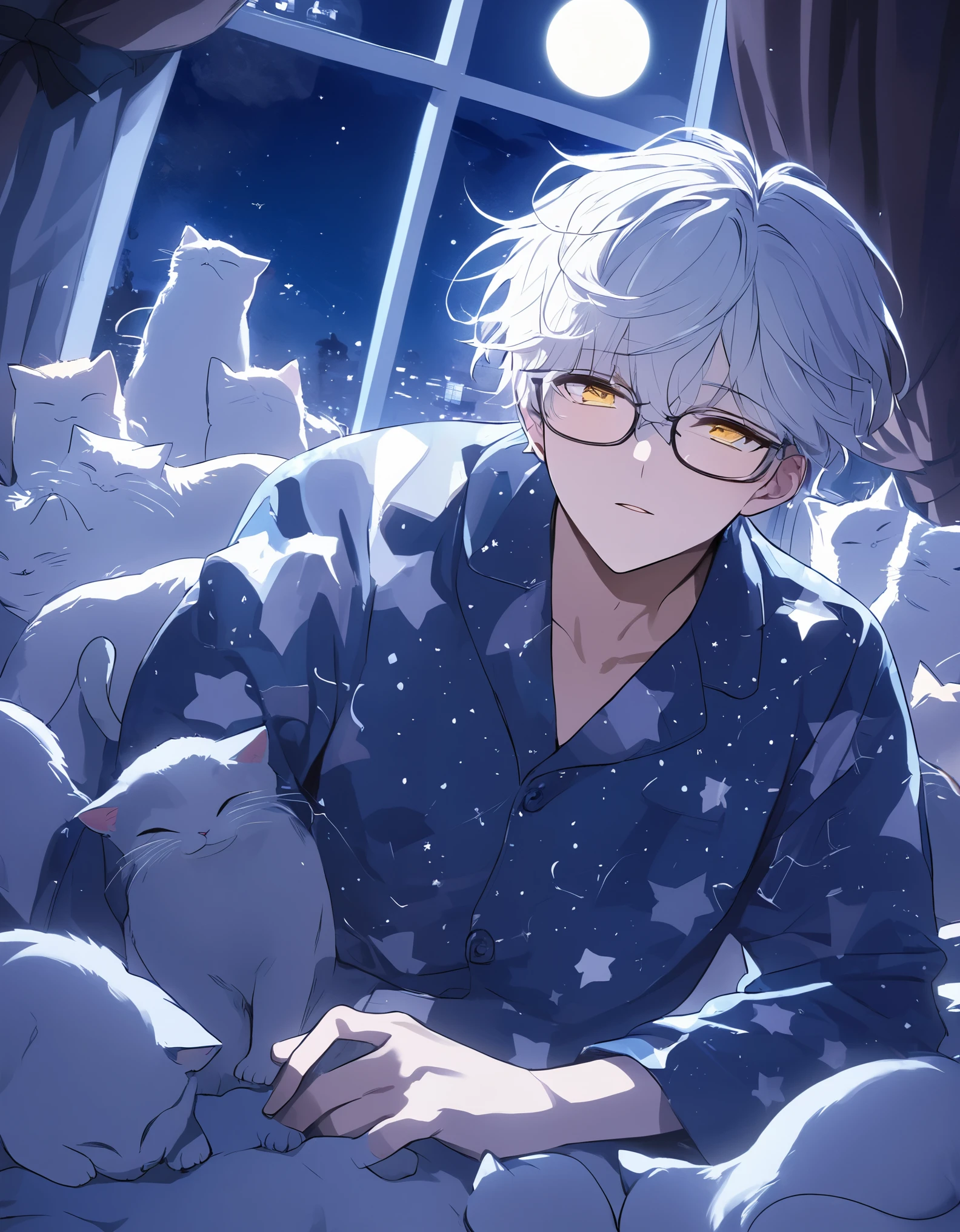 Masterpiece,  ((20 years old boy)), white hair, glasses, star pattern pajamas, surrounded by many cats, the moon from the window, Night