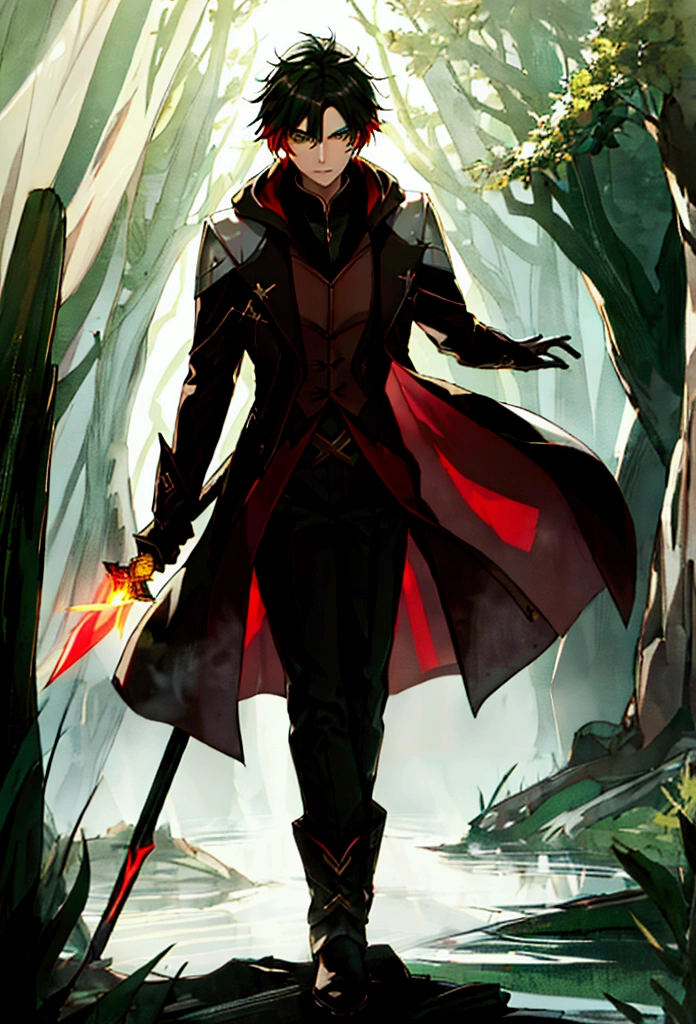 (masterpiece), 3 man, green eyes, black hair, green lock of hair,  white and red hooded trench coat, Black pants, brown boots, magic scepter in the right hand, sword in left hand, in the countryside