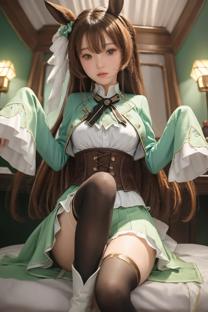 (((Horse Girl))), (((Fine Motion))), Thighs, sitting on a luxurious red sofa, (((Panties are slightly visible))), smile, Dress like a young lady, (((White underwear with green embroidery))), High resolution, The skirt is flipped up,