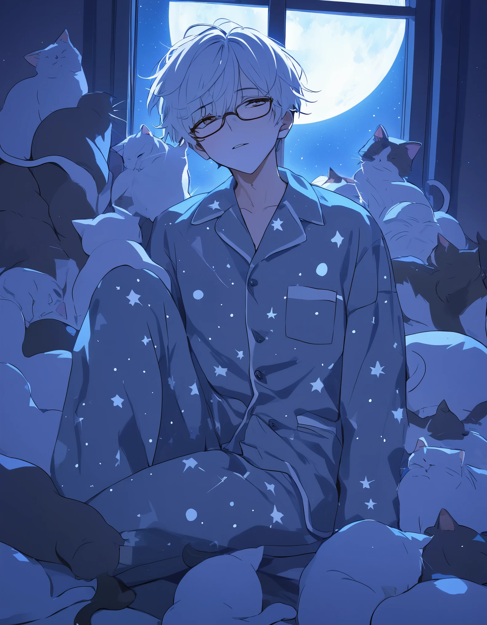 Masterpiece,  ((20 years old boy)), white hair, glasses, star pattern pajamas, surrounded by many cats, the moon from the window, Night