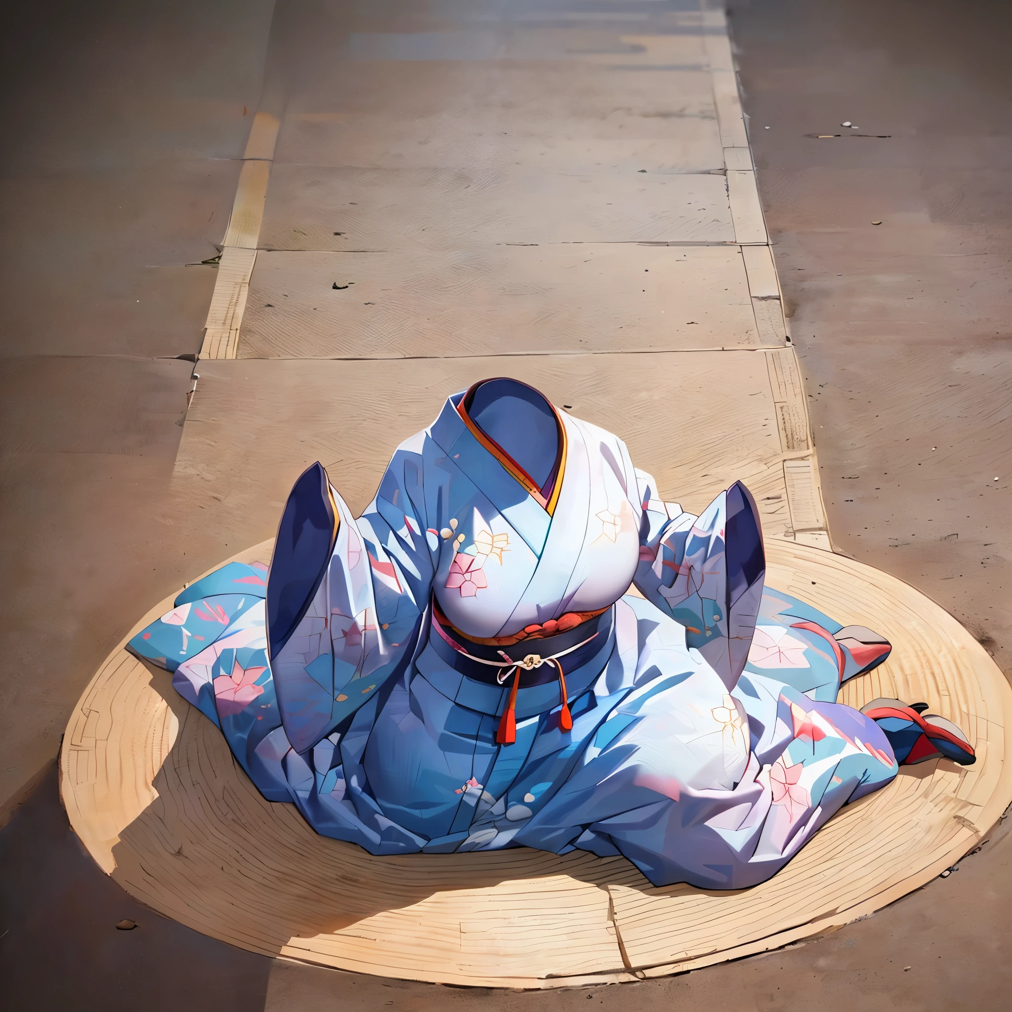 1girl, 15-years-old, cowboy shot, (invisible:1.5, no humans:1.5, headless:1.5, faceless:1.5), (cute big breasts), chubby, fat, kimono, Seiza, kneeling, leaning forward, from above, on floor, Best-quality, Masterpiece, Ultra-High-Resolution