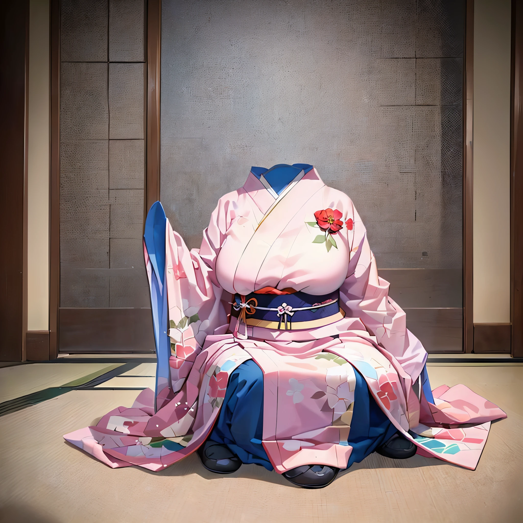 1girl, 15-years-old, cowboy shot, (invisible:1.5, no humans:1.5, headless:1.5, faceless:1.5), (cute big breasts), chubby, fat, kimono, Seiza, kneeling, leaning forward, from above, on floor, Best-quality, Masterpiece, Ultra-High-Resolution