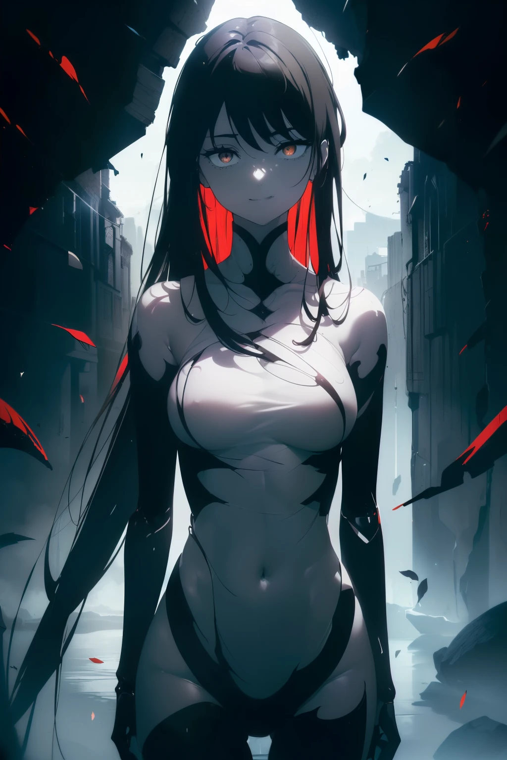 Red tattoo、red eyes、the background is darkness、(((black skin)))、naked、(((pubic hair)))、female organ、strong wind、beautiful girl magician、black hair twintails、((whole body))、(((photo taken from below)))