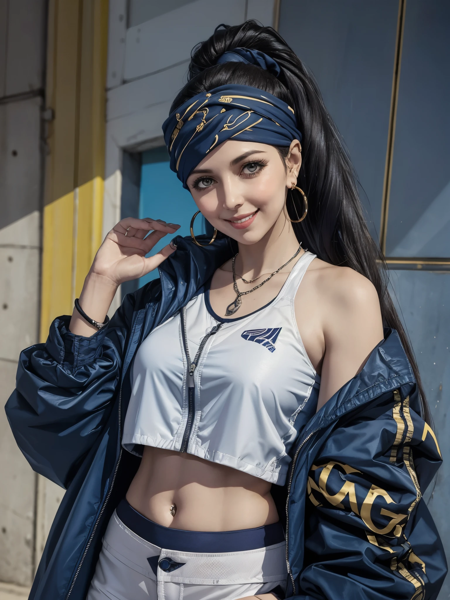 deep blue and black theme colors, girl, oversized navy blue parachute jacket, nylon, hand up, turban-style headband, detailed face, looking at viewer, confidence smile, hoop earrings, white crop tube top, high ponytail, long hair, navel,