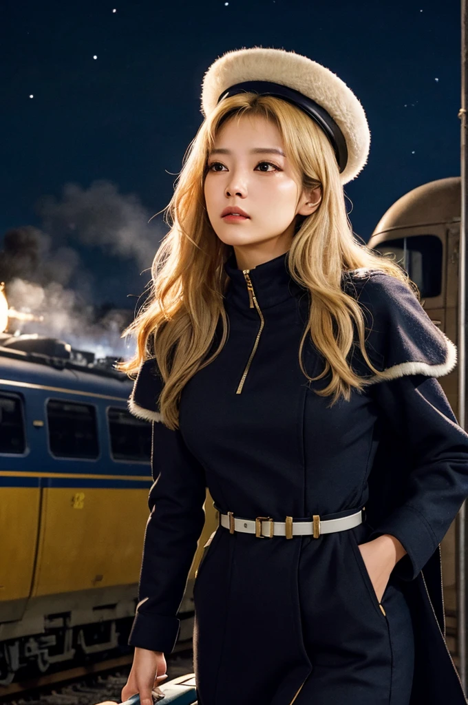 highest quality, Super quality,, RAW Photos, Realistic, Incredibly absurd, Very detailed, delicate, Flashy and dynamic depiction, Galaxy Express 999, Material, Long Hair, Blonde Hair, Fur trim, Black Hat, Fur has, dress, Dynamic Angle、Beautiful and cool woman, sad, Fleeting, Melancholic expression, Sharp eyes, Sharp Face, Slender and perfect proportions, Tight waist, Long eyelashes, Detailed pupil, Detailed skin texture, Background Galaxy, night, Station platform, Steam locomotive station, luggage