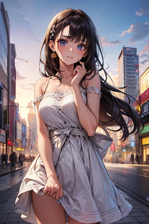 A beautiful girl going shopping, shopping bags in her hands, on the street, in public, a beautiful day, white sleeveless blouse, blouse with a high neck, red mini circle skirt, big rounds breasts, strap high heels, dark brown hair, long bangs, french braid, long hair, ponytail, wavy hair, expressive hair, shiny hair, hair flower, ribbon, jewelry, aqua eyes, glowing eyes, pupils sparkling, earrings, embarrassed, blush, surprised, red lips, glossy lips, full body, defined thighs, waist thin, high detail, anime, anime style, depth of field, cinematic lighting, dithering, image fill, multiple views, atmospheric perspective, perspective, Wide-Angle, f/1.8, 85mm, Nikon, 8k, super detail, UHD, retina, masterpiece, accurate, anatomically correct, textured skin, super detail, best quality, highres, 16k