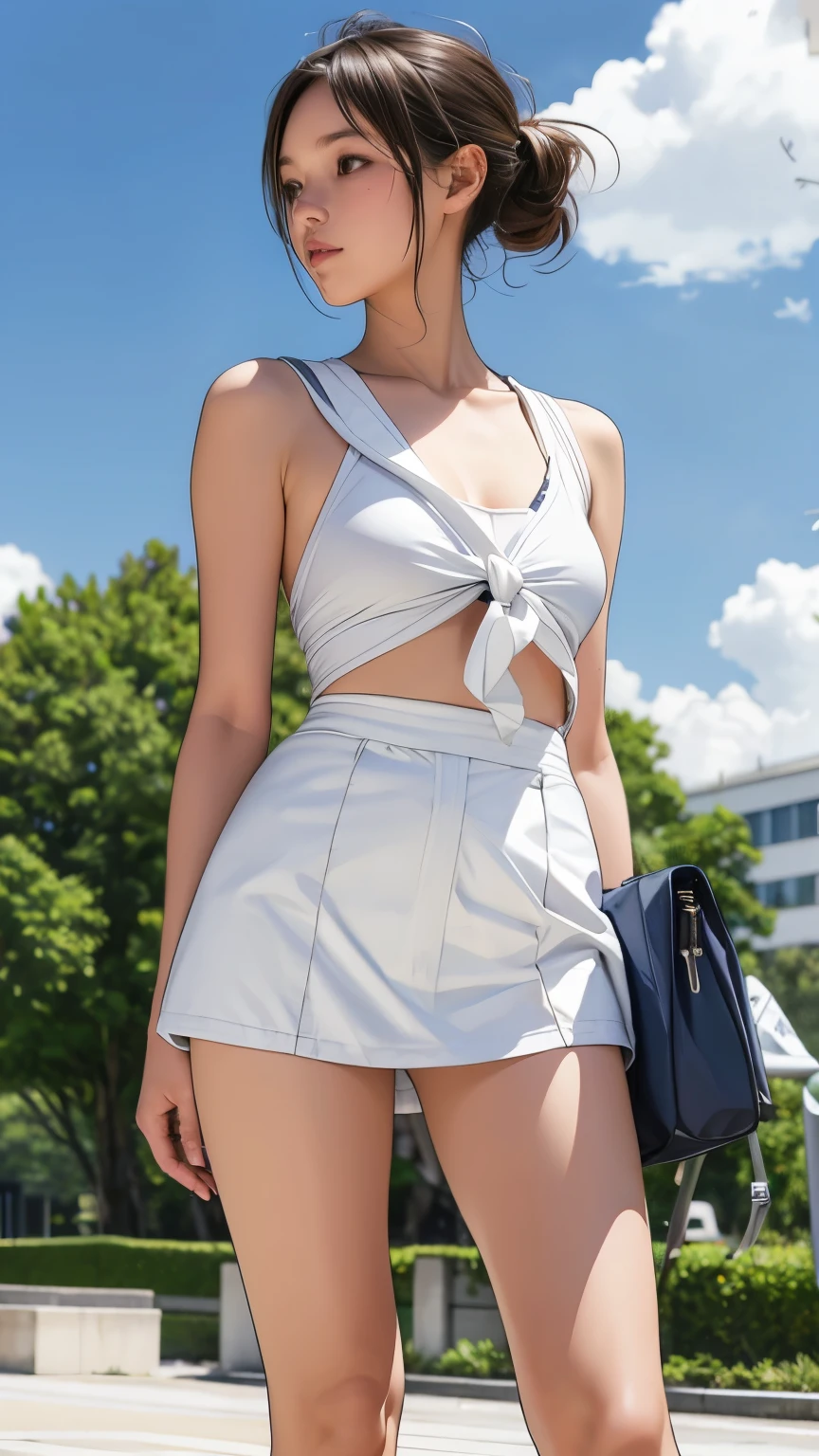 Top Quality, White Skin, Real Human Skin, (Detailed), Oval Face, Pore, Ultra High Definition, (8k, RAW Photos, Photorealistic: 1.4), 1 Girl, Slim, Nurse, Mini Skirt, Photo from Below, White Underwear, WET BODY