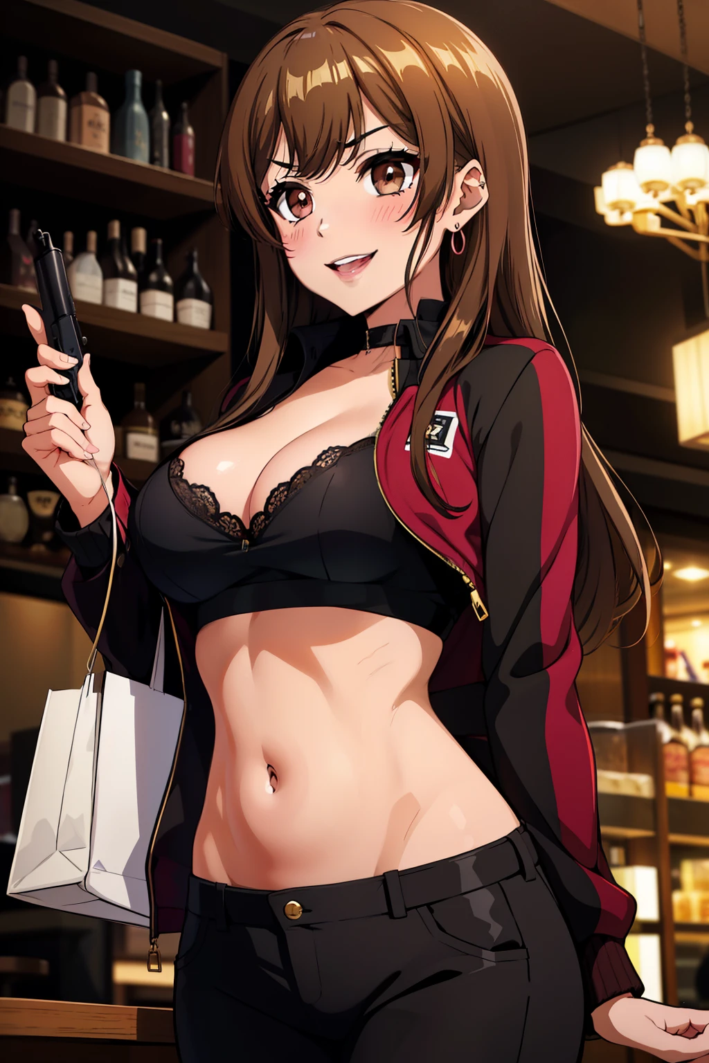 kyoko, headpones around neck, bangs, brown eyes, long hair,brown hair, seductive smile, blush, lipstick, jewelry, earrings, Hot girl, baddie, mean girl, sensual, attractive, mall, shopping center,indoors, bar background, inside bar, long sleeves, cleavage, jacket, unbuttoned pants, black jacket, black pants, formal, suit, black bra, evil smile, smile, (nsfw) not safe for work, navel, evil expression, exposed belly, exposed navel, exposed midriff, exposed lower belly, unbuttoned long black pants, open mouth, holding a gun, holding pistol, navel piercing