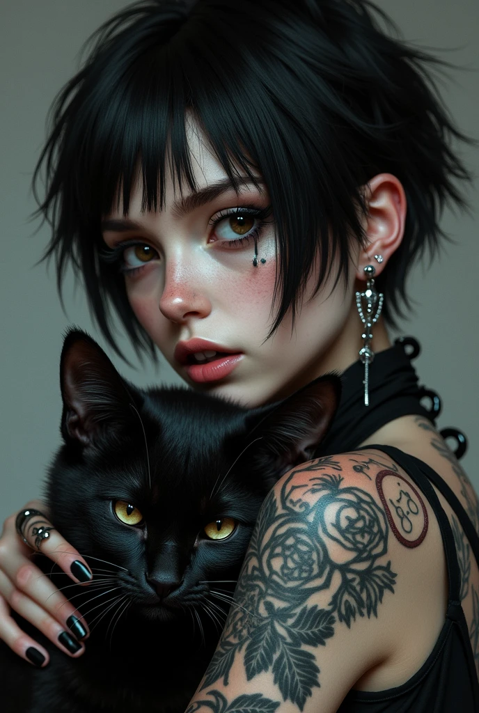 Teen girl, bikini, cow prints, goth, cat, mature face, black and white,