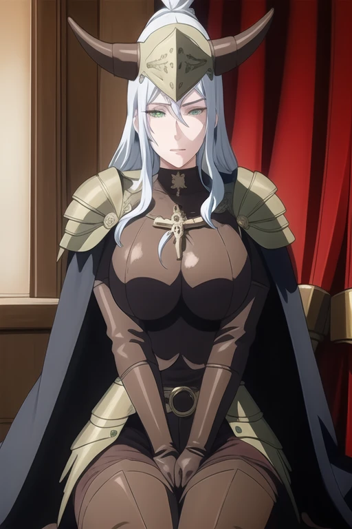 (high quality:1.2), intricate detailed, colorful,
VanessaCromwell, 1girl, mature female, solo, cowboy shot,
looking at viewer, determined,
white hair, long hair, green eyes,
armor, breastplate, shoulder armor, bodysuit, horned helmet, gloves, cape, cloak, (cape behind arms 1.2)
large breasts, 
Room, sitting
 