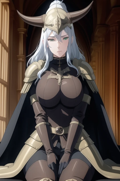 (high quality:1.2), intricate detailed, colorful,
VanessaCromwell, 1girl, mature female, solo, cowboy shot,
looking at viewer, determined,
white hair, long hair, green eyes,
armor, breastplate, shoulder armor, bodysuit, horned helmet, gloves, cape, cloak, (cape behind arms 1.2)
large breasts, 
Room, sitting
 