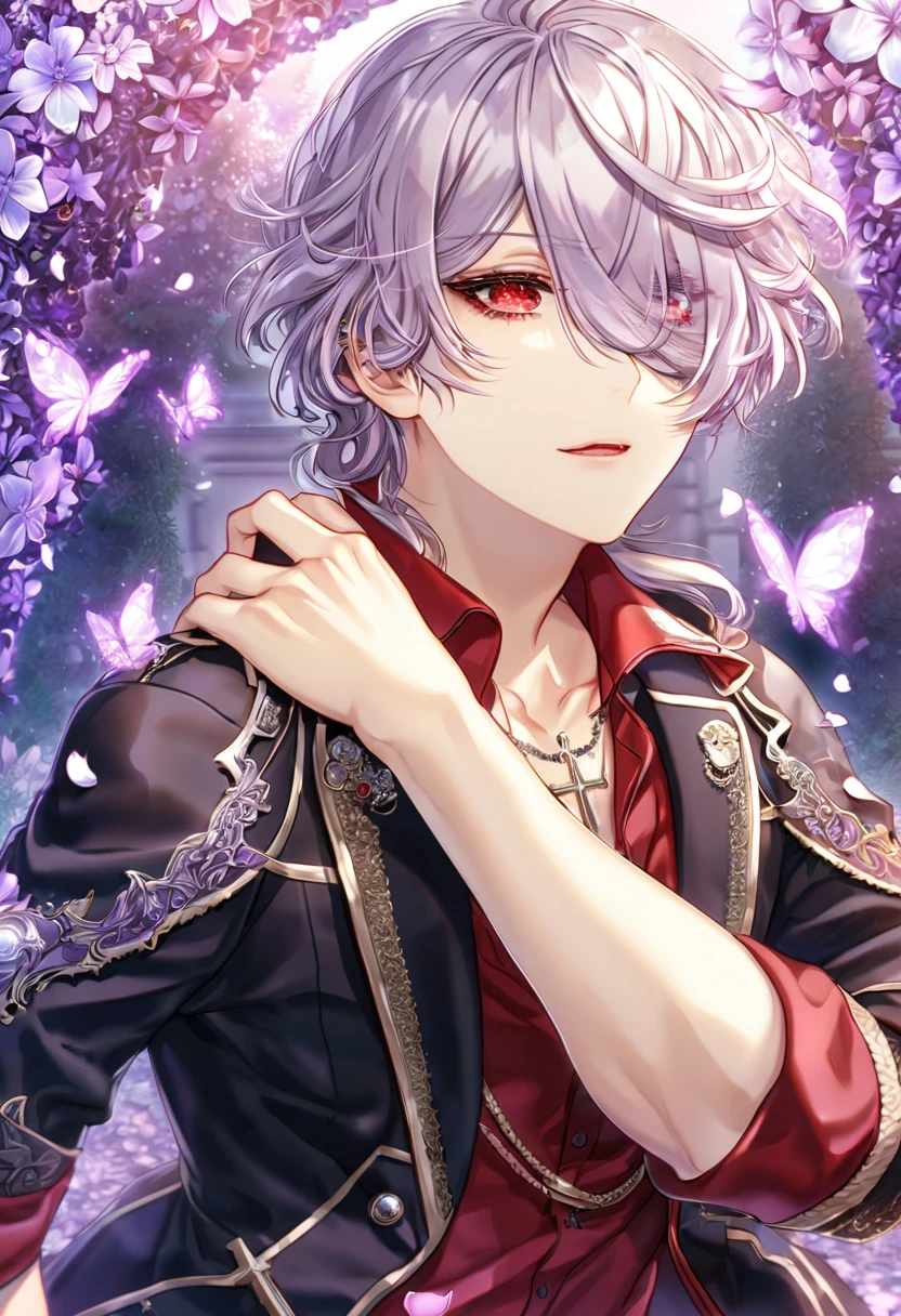 Ultra detailed, Highres, absurdres, HDR, Gokudera Hayato, gray hair, without bangs, expressive green eyes, black coat with patterns, Katekyo Hitman Reborn!, white shirt, fantasy, glittering purple butterflies, petals, handsome, sexy man, solo, very detailed eyes and face, master piece, toned chest, glittering, purple flowers, sitting, tattoo on his neck, black pants, purple background