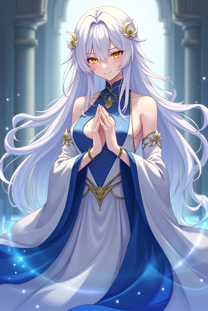 masutepiece, Best Quality, 1girl in, , Long hair, Light blue hair, ((Purple eye)), angry looking face、animesque、evening、knights、Princess、golden sword body、With a handle、(Looks Back)、white clothes、small tits