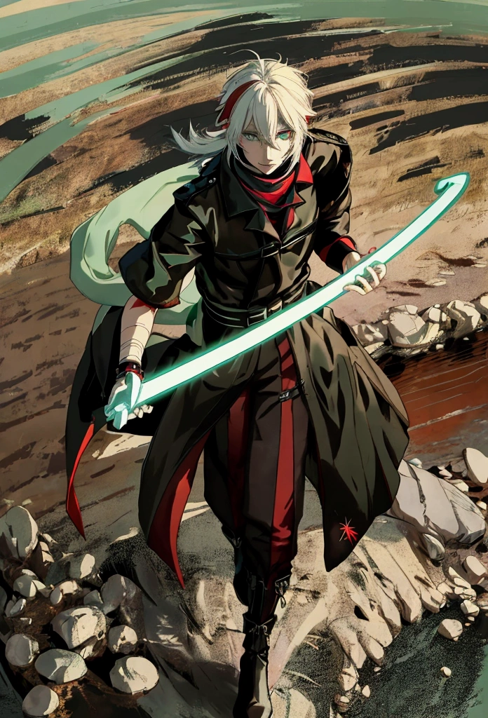 (masterpiece), 3 man, green eyes, black hair, green lock of hair,  trench coat with white and red color, Black pants, brown boots, magic scepter in the right hand, sword in left hand, in the countryside