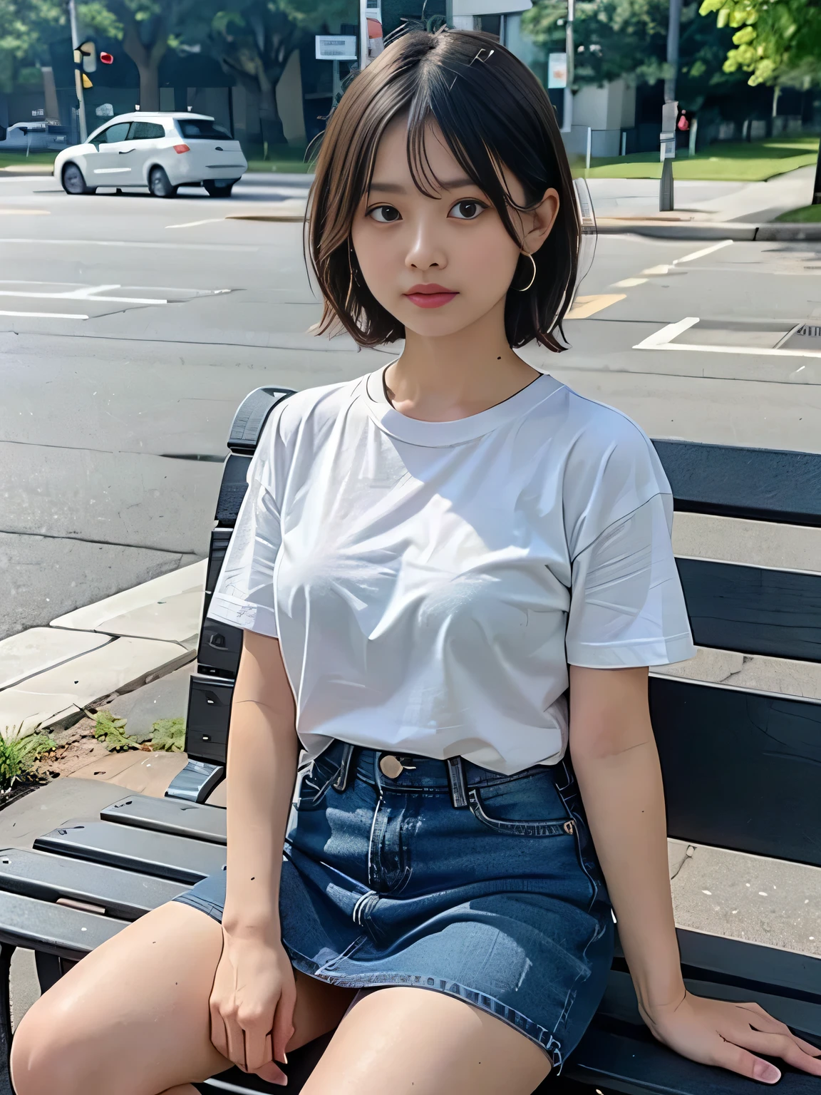 disorganized, RAW photo, very delicate and beautiful, masterpiece, highest quality, ultra high resolution, 16k, surreal, super detailed, perfect ???????, super dense skin, perfect figure, Highly detailed CG 8k wallpaper, 20's, very slim body, (tight waist:1.2), very small head, very small face, delicate features, tearful mole, earrings, thin legs, (very huge round ???????:1.2), (full body shot:1.1), short middle hair, wavy hair, (barefoot:1.1), (T-shirt:1.3), skirt,