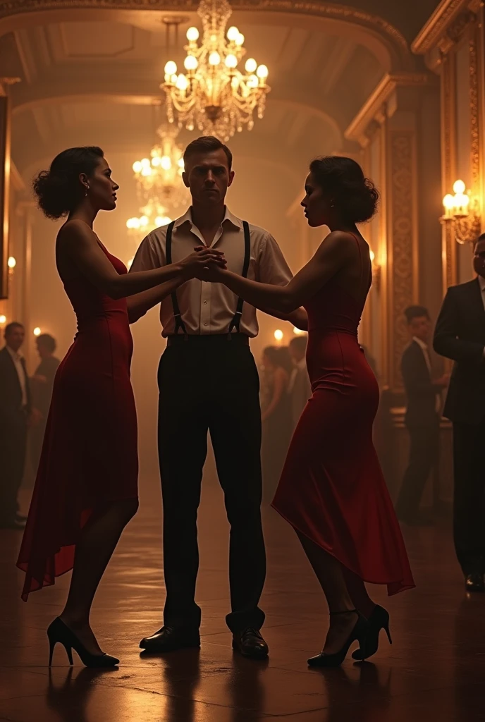 A historic photo: An image of a masked ball, For example, where people of different social classes are separated, with a couple dancing salsa (with swings) in a more secluded corner. The caption could highlight social segregation and discrimination against popular dances.