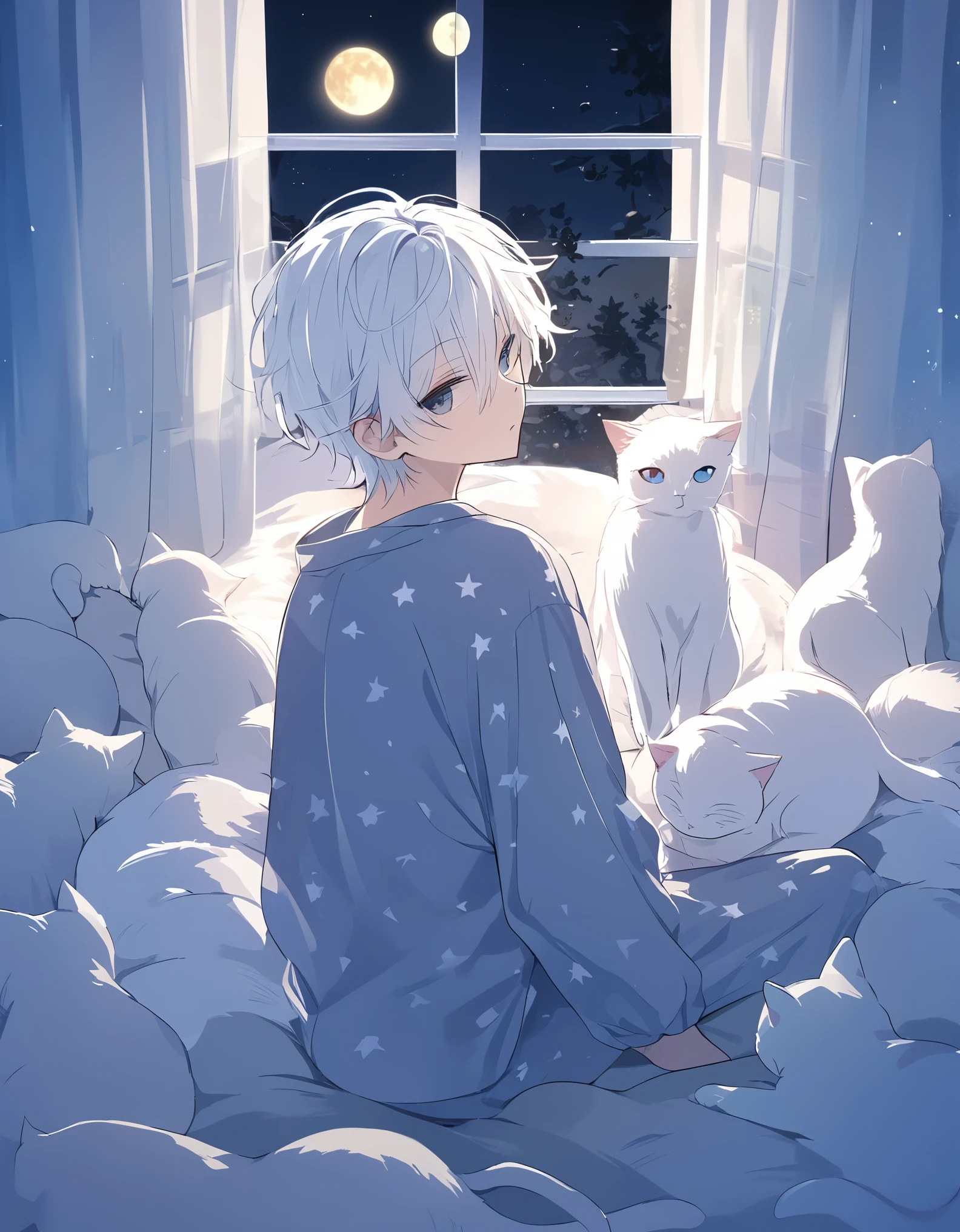 Masterpiece,  ((20 years old boy)), white hair, star pattern pajamas, surrounded by many cats, the moon from the window, Night