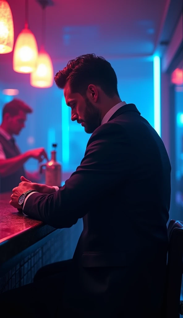A silver-haired, sharp-eyed Korean bartender with a dragon tattoo on his arm serves martinis to beautiful customers behind the luxurious bar of a busy nightclub. Blue and purple neon lights illuminate his charismatic face, creating a mysterious and stylish atmosphere