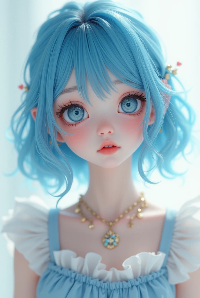 (Highest quality, 8k, 32K, masterpiece, Ultra-high resolution:1.2),Cute 1 American woman image, Large Breasts, Very short bob hair,Upper Body,Face Focus,(Extra Large_sweater,:1.1) necklace, background, View your viewers, Leaning forward, (((Silver streaks in blue hair))), (((Bright light blue eyes))) (((Award-winning details)) ((Avatar makeup and pop star clothing)))