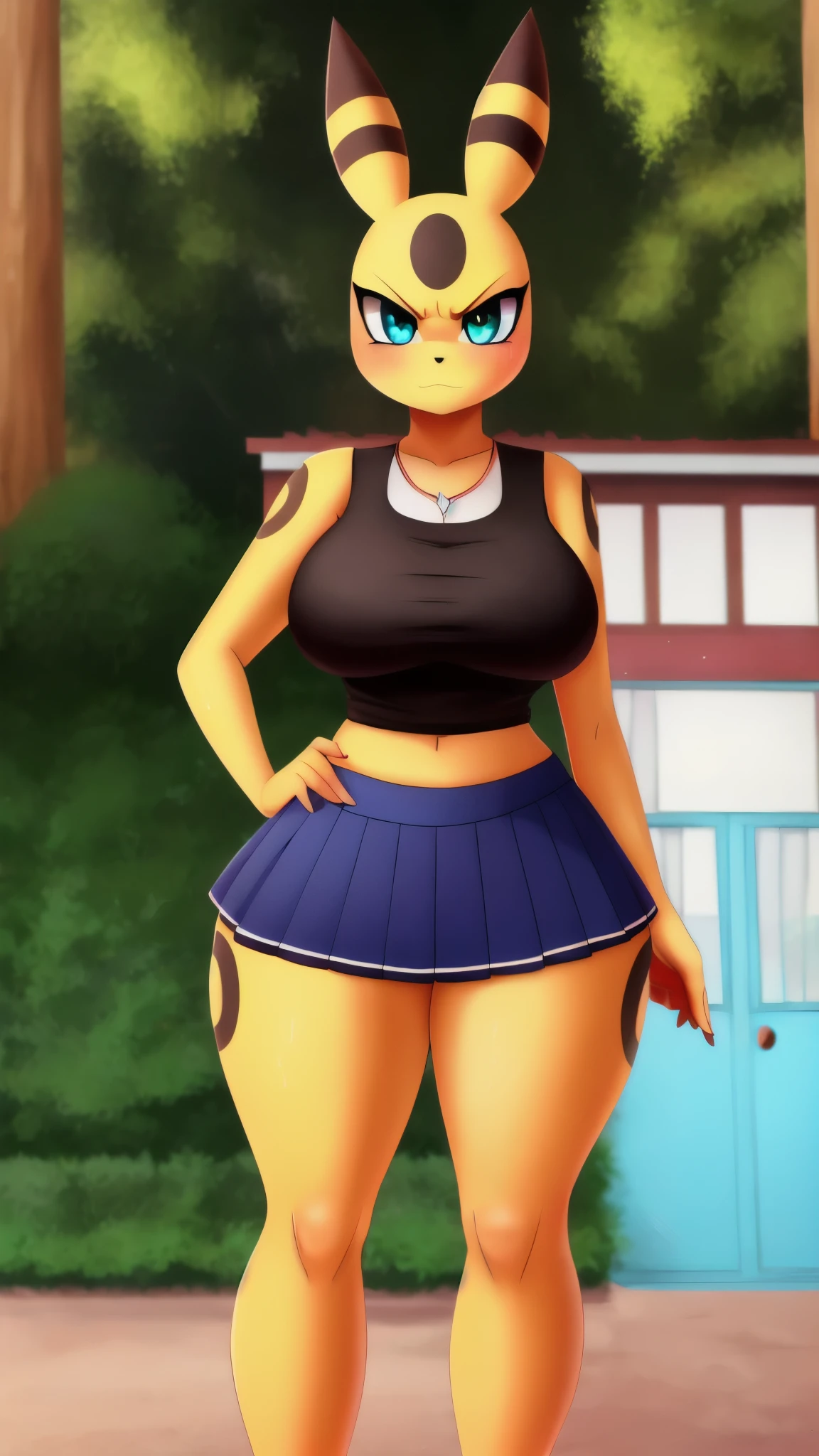 Furry-Eeveeution, loaded on e621,eevee [sharp focus], [questionable content], 1girl,looking at viewer,look silly,big breasts, short school skirt,bike shorts,short school shirt,neckline,thick thighs,big ass,,school background