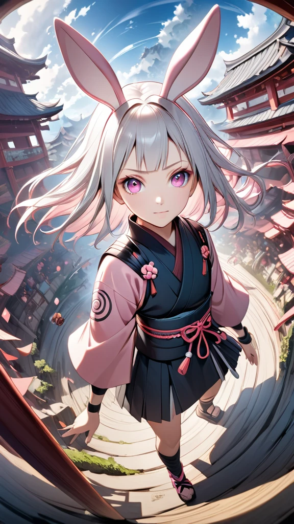 Fantasy World, Japanese style, Naruto Shippuden, she have a short silver hair,Pink eyes,pink Bunny ears , beautiful face, Ultra Wide Angle, 