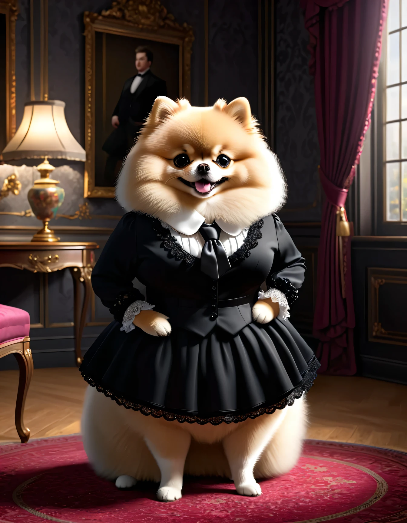 photorealistic portrait of Dressed animals - a ((fat)) (Pomeranian) princess, (furry),(full body image:1.5),(elegant pose:1.5) Wearing luxury sack-back gown,(wearing luxury tiara),(hands on hips:1.5),(happy),(smile:1.5), Old-fashioned luxury loyal pink dress, detailed and opulent description of a loyal aristocratic sack-back gown in Rococo , emphasizing luxurious fabrics, intricate embroidery, and ornate accessories, Rococo style king palace background,(looking at viewer:1.5),score_9, score_8_up, score_7_up, score_6_up, score_5_up, score_4_up,