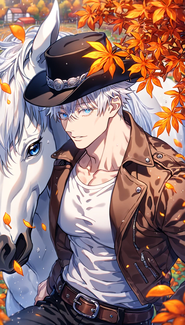 absurdres, highres, ultra detailed, HDR, master piece, Gojou Satoru, white hair with bangs, expressive blue eyes, white eyelashes, white shirt, leather brown jacket, leather belt, black pants, Stetson black hat, cowboy, toned chest, Jujutsu Kaisen, sexy man together with a horse, orange leaves, handsome, best quality, flowers, fantasy, magical, solo, autumn, sensual, farm, manly man, adult face, close up, raining, close up