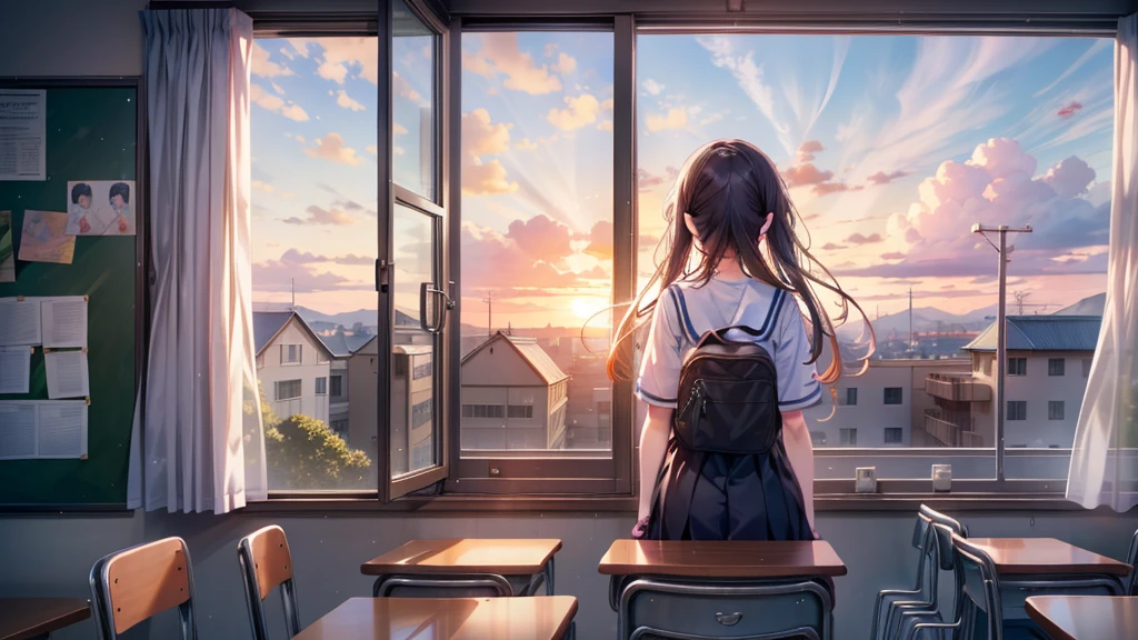 Looking out at the schoolyard from the classroom window after school１People high school girls、The setting sun shines in、A girl in love is in the twilight、A scene from the movie