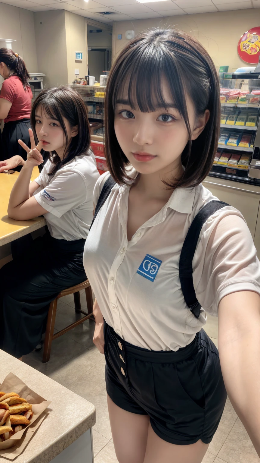 (onoff,side-by-side photo,split screen),(masterpiece:1.4), (best quality:1.4) ,8K,cinematic lighting,((best quality)), (masterpiece) , (realistic shadow) , (depth of field),(intricate details:1.4), 1girl,Japanese,(Black mideum flipped hair with asymmetrical bangs:1.3),Happy smiling face,(Slender body:1.4),hairy pussy,konbini, scenery, shop,convinience store,food, indoors,LAWSONU, employee uniform, uniform,id card, striped, shirt, pants, standing,