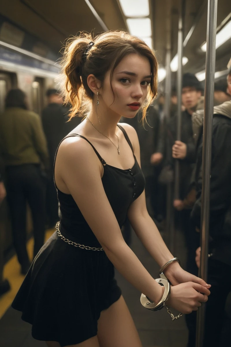 masterpiece,best quality,Ultra-high resolution:1.1,Uncensored,prefect Lighting,score_clearly,Charming,very aesthetic,
Break 1girl,20 years old,
side_Light,Looking at the audience,
Rembrandt Lighting Style,
(Handcuffs:1.2),戴上Handcuffs,
Chain,In the subway car，there are many passengers,