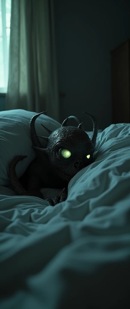 Creepy creature with red eyes under the bed