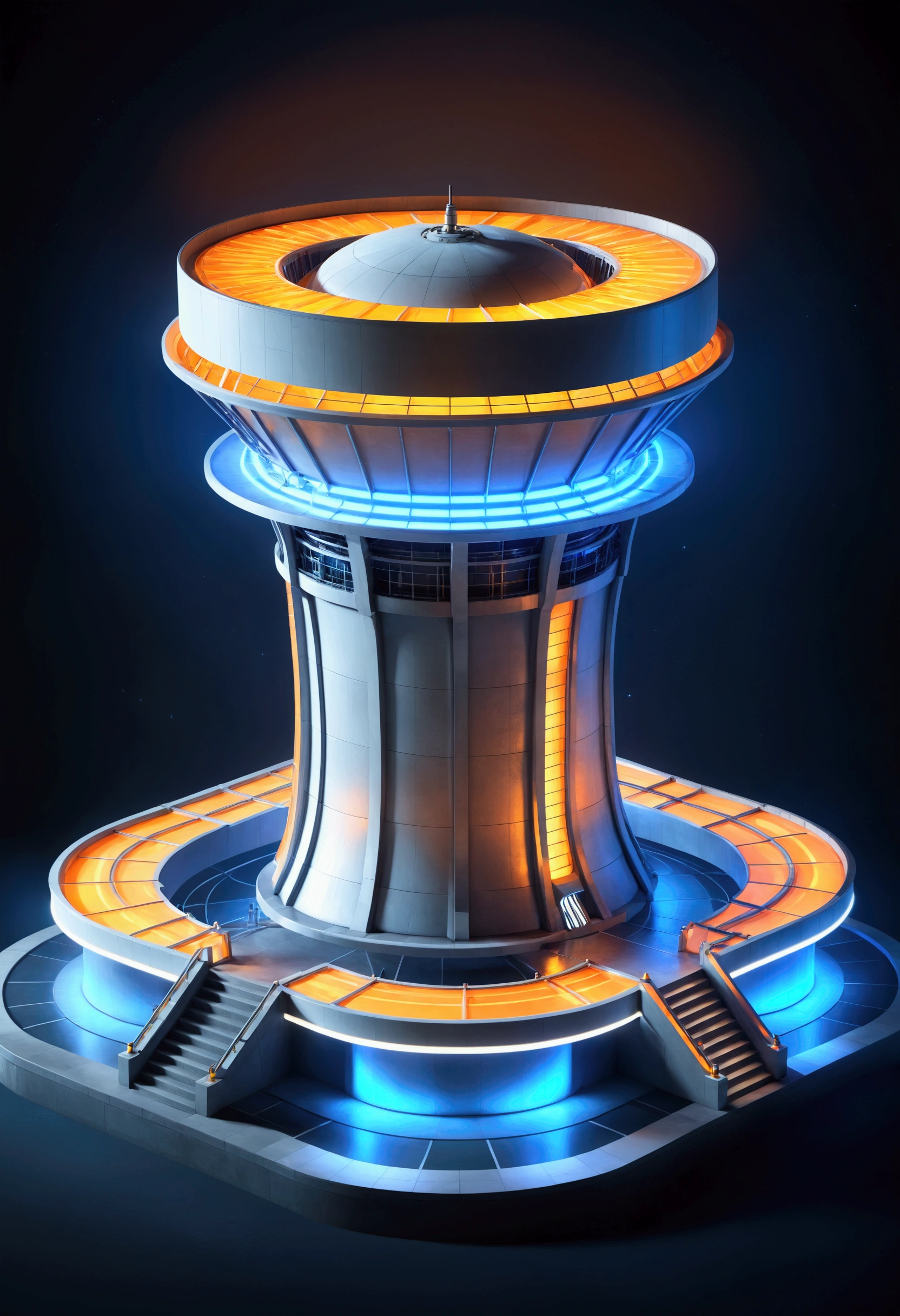 Pixar style mechanical nuclear power plant, Cooling Tower, Special symbols,blue and orange, Neon lights标志, Neon lights, Aerial View ,Art Deco Design,streamline moderne,Futuristic architecture, abstract,modern style,Night view, Futuristic decorative elements,Metal,Number Line,sci-fi lamp,Unreal Engine,Unreal Rendering,