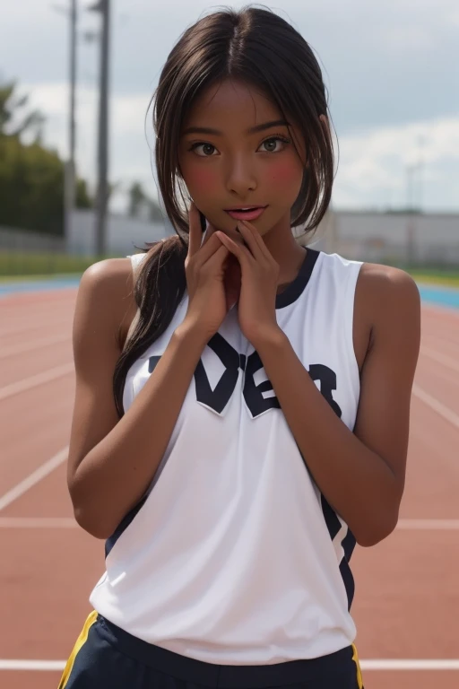 (((( one girl )))), Put your hand over your mouth、Beautiful breasts、 Brown eyes, ((Gal Hairstyles)) blonde, girl, (Eye and facial details:1.0), break, (masterpiece, Highest quality, Very detailed, Detailed face, 8k),( dark skin:1.9 ), (((( track and field uniform )))),( open mouth ),(((( 9歳 ))))