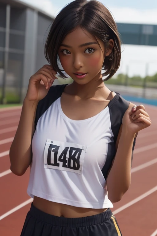 (((( one girl )))), Put your hand over your mouth、Beautiful breasts、 Brown eyes, ((Gal Hairstyles)) blonde, girl, (Eye and facial details:1.0), break, (masterpiece, Highest quality, Very detailed, Detailed face, 8k),( dark skin:1.9 ), (((( track and field uniform )))),( open mouth ),(((( 9歳 ))))