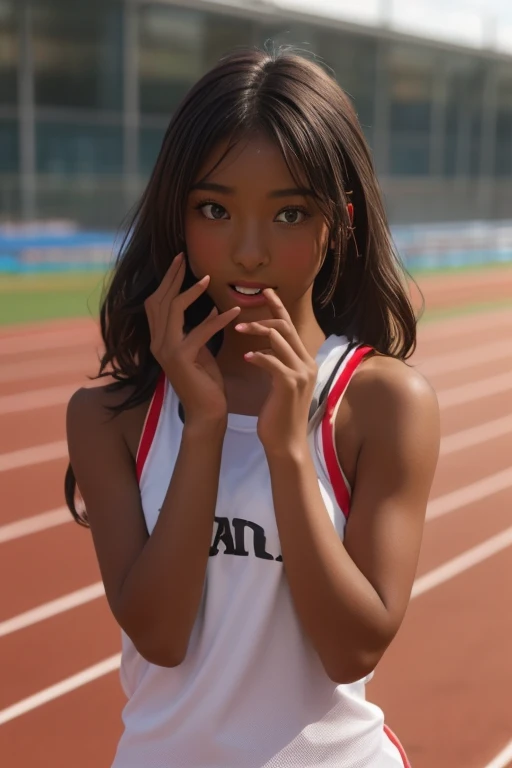 (((( one girl )))), Put your hand over your mouth、Beautiful breasts、 Brown eyes, ((Gal Hairstyles)) blonde, girl, (Eye and facial details:1.0), break, (masterpiece, Highest quality, Very detailed, Detailed face, 8k),( dark skin:1.9 ), (((( track and field uniform )))),( open mouth ),(((( 9歳 ))))