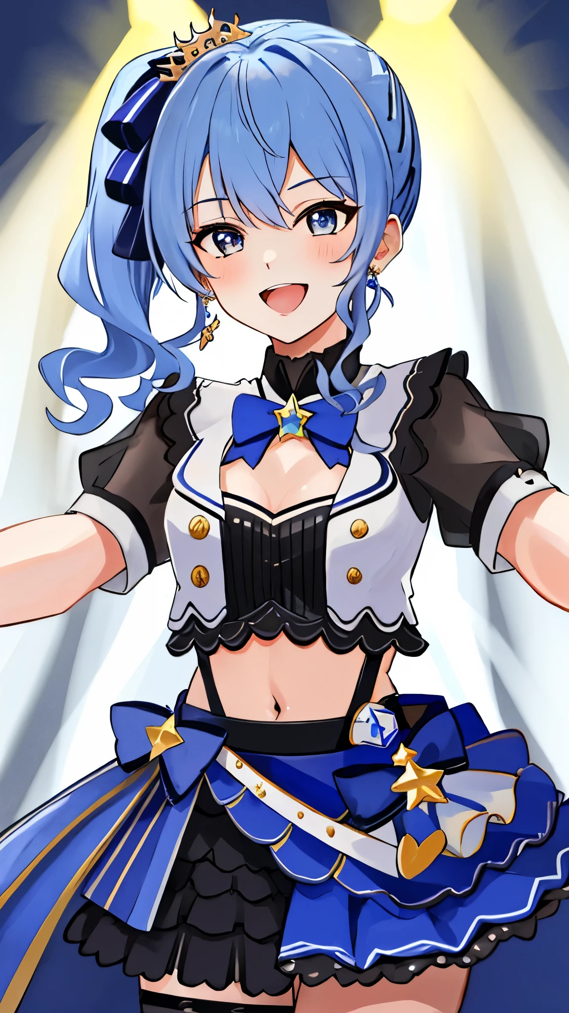 (Perfect body),Best Quality,(8K Portrait),(Official art)、((NSFW))、(((Lori)))、((Short stature))、((:D))、1girl in,(blush),(Sweat),(((flat chest)))、(thick thighs)、(big butts)、((Blue hair))、(Long hair)、(((Twin-tailed)))、Yellow Ribbon、((White and light blue leotard))、 ((Yellow frills))、(yellow eyes)、Hands behind the head、Armpits、(spreading legs)、Cowboy Shot、Electronic space、(There is a star-shaped stick on the right hand............)、(Peace sign with left hand in front of face)、dynamicposes