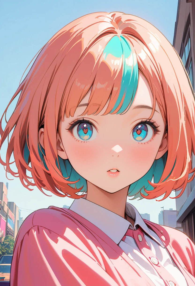 (Highest quality:1.2, City Pop Style, Very detailed, up to date, Vibrant, High Contrast, masterpiece:1.2, Highest quality, Best aesthetics), girl, ((Face Up Shot:1.4)), Colorful Hair, Bobcut, pastel colour, 1980s style, ((Retro, Vintage, Plain background))