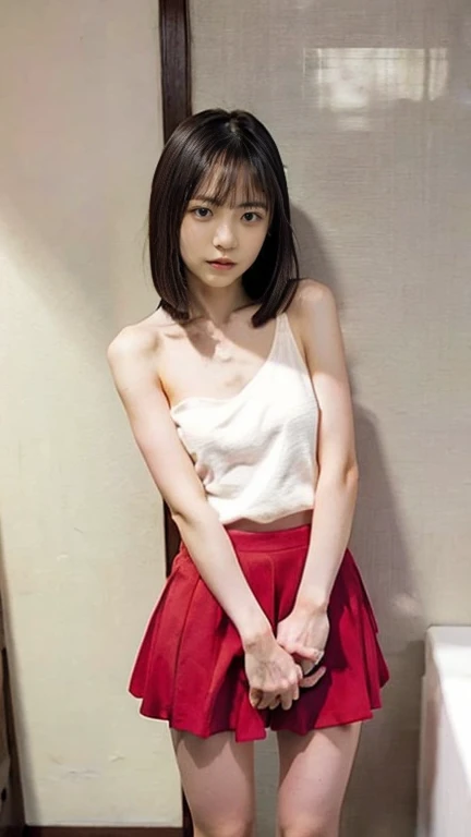 (8k、RAW Photos、Highest quality、masterpiece:1.2)、((Very flat chest、topless:1.6))、((Red dress、A long dress:1.3))、((skinny、smile:1.2))、(Realistic、Realistic)、1 person、(cute)