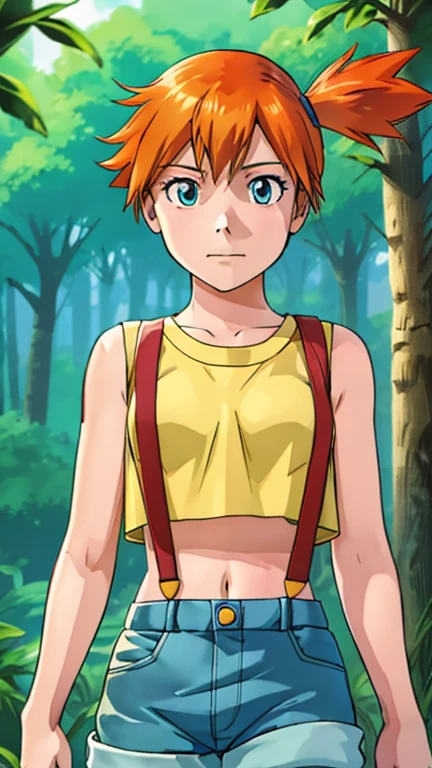 (1girl, misty (pokemon)), (extremely detailed CG unit 8k wallpaper),(master part), (best quality), (ultra detail), (best illustration),(Tsukasa hojo Style), cowboy shot, (Sharp eyeliner, ombre, detailed eyes:1), forest, digital art, break , upper body, orange hair, solo, shorts, suspenders, side ponytail, orange hair, midriff, yellow crop top, navel, short hair, denim, denim shorts, 